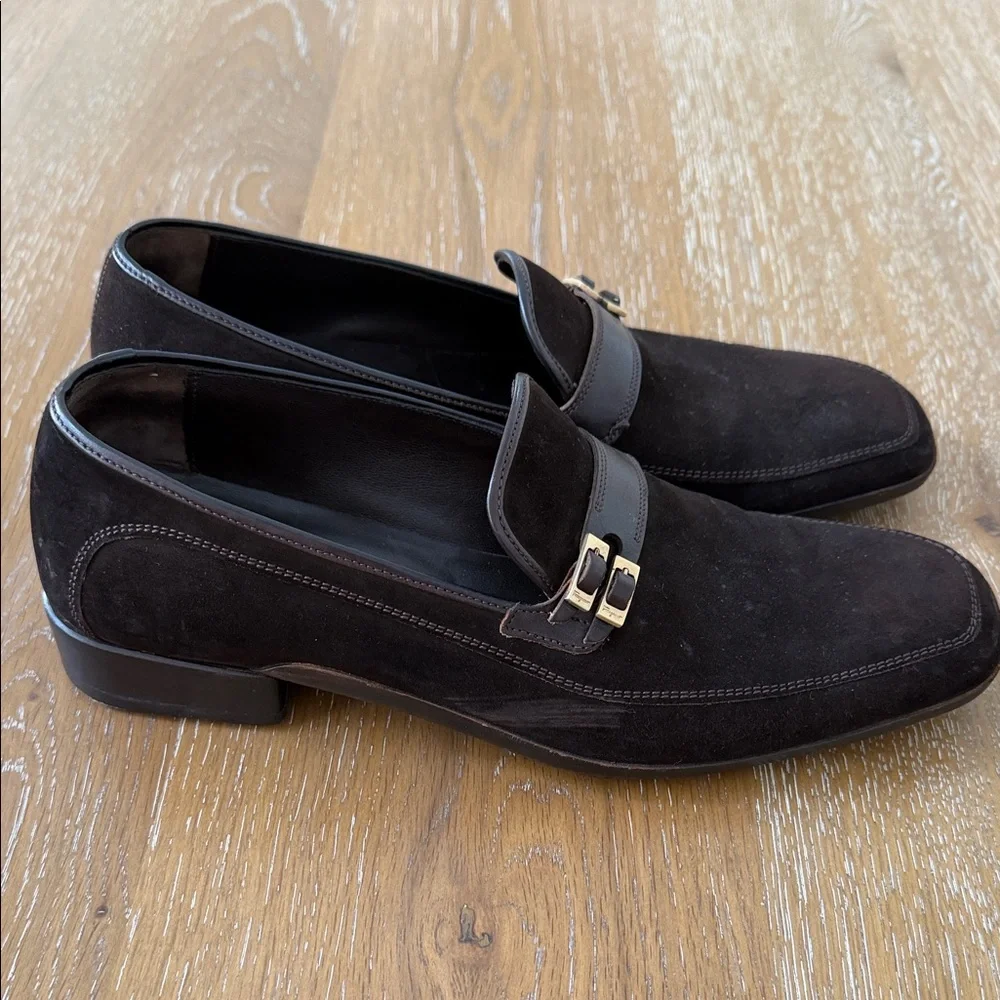 Ferragamo Men's Brown Suede Slip-On Loafers with Gold Buckle
